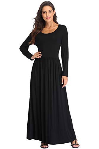 Women's Long Sleeves Maxi Dress Plain Empire Waist Casual Dress Loose Fall/Winter Dresses with Pockets3