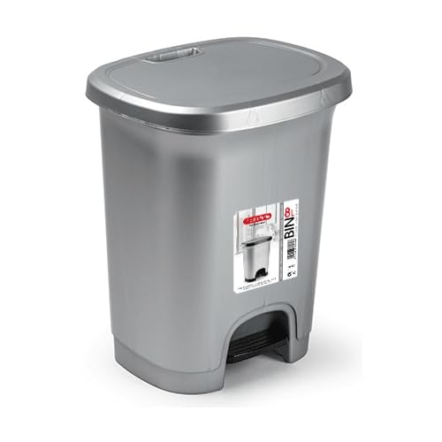 TECHZOCO Cubo basura plástico, Cubo basura apertura pedal, Papelera de pedal, cubo de Pedal, Basura para baño, Libre de BPA, 25.5 cm alto x 24 cm ancho x 22 cm fondo, Capacidad 7.5 Litros, Plateado