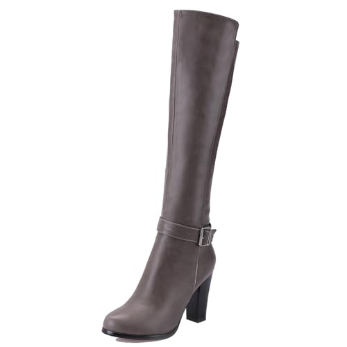 Joliss Donna High Tacco a Blocco Knee Stivali con Fibbia Punta Rotonda Zip Stivali Alti Casuale Moda Stivali Alti Grigio Numero 38 EU/39Cn