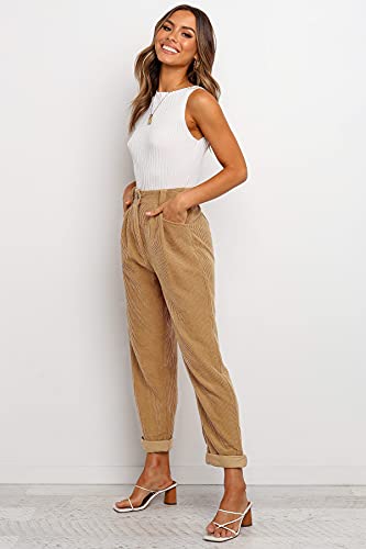 Nimin Khaki Corduroy Pants For Women High Waisted Pants With Pockets Comfy Back Elastic Casual Pants Vintage Trousers Streetwear Khaki Medium #TOP3