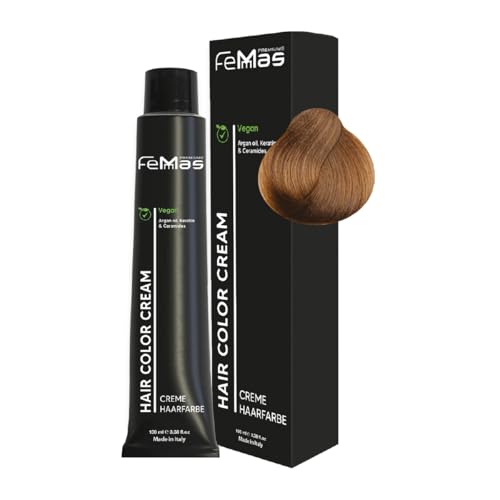 FemMas - Tintura per capelli biondo medio dorato 7.3, crema colorante professionale con olio di argan, cheratina e ceramidi, colorazione permanente o tintura, per risultati durevoli, da 100 ml