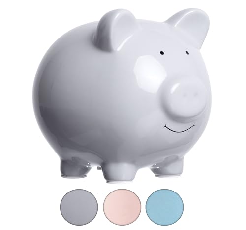 Image of Pearhead Large Ceramic Piggy Bank, Newborn Nursery Decor, Gender-Neutral, Baby Boy Gift or Baby Girl Gift, Savings Toy Bank for Kids, Solid Gray