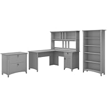 Bush Furniture Salinas L Shaped Desk with Hutch, File Cabinet and 5 Shelf Bookcase | 3 Piece Living Room Furniture Set in Cape Cod Gray | L Shaped Corner Desk with Storage