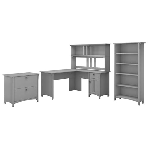 Pemberly Row 60W L Shaped Desk Office Suite, Cape Cod Gray, Includes Hutch, 2 Drawer Lateral File Cabinet, 5 Shelf Bookcase, Mission Style, Space-Saving Home Office Furniture Set