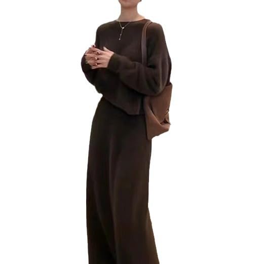Womens Knitwear Two Piece Set Sweater with Straight Skirt Lazy Style Outfit