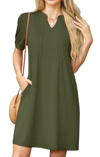 GRECERELLE Robe d'été décontractée à manches courtes et col en V avec poches pour femme, vert militaire, L