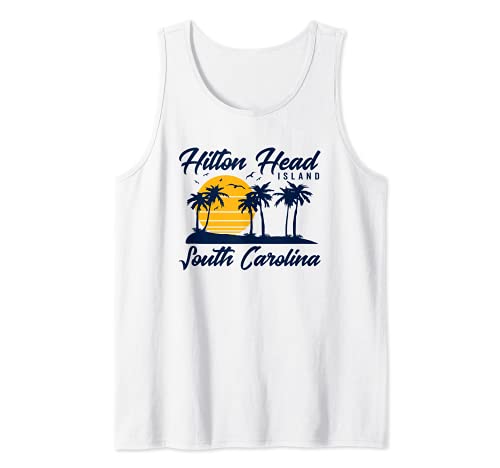 Hilton Head Island South Carolina Vintage Sunset Palmeras Camiseta sin Mangas