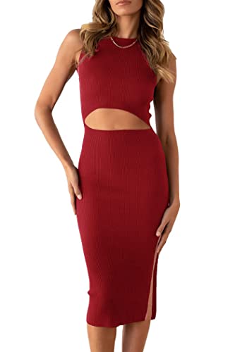 Image of PRETTYGARDEN Women's Summer Midi Bodycon Dresses Casual Crew Neck Side Slit Sleeveless Knit Cut Out Tank Top Dress