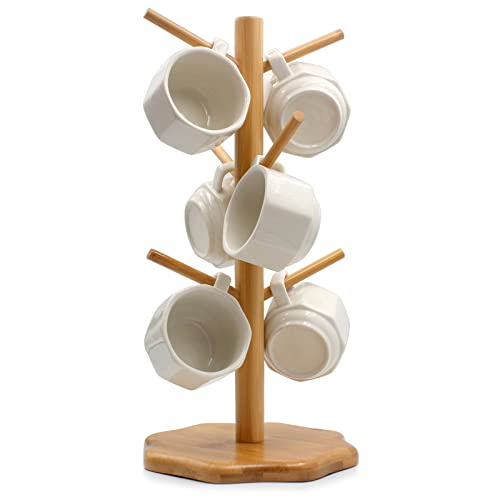 Gihunk Bamboo Countertop Mug Tree Stand with 6 Hooks, Octagon Base Coffee Cup Tree
