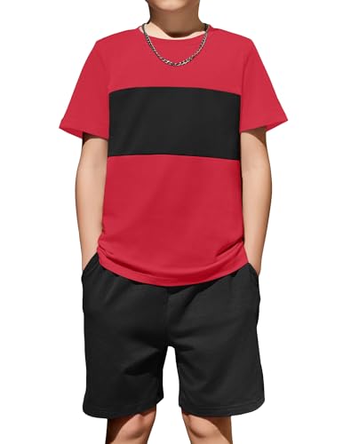 Image of Arshiner Boys' 2-Piece Cotton Outfit Color Block T-Shirt and Shorts Set Summer Camo Clothes for Kids 5-14 Years