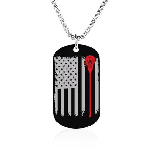 U.S.A. Flag Lacrosse Pendant Necklace for Men Women Silver Chain Jewelry with Customized Dog Tag