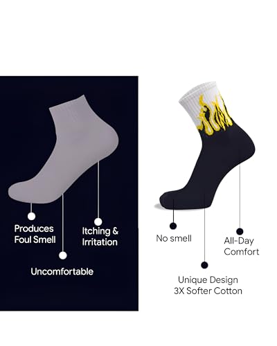 Image of Flame Design Crew Socks, Multicolor Cotton Blend, Athletic Style, Novelty Fire Pattern, 7 Pack