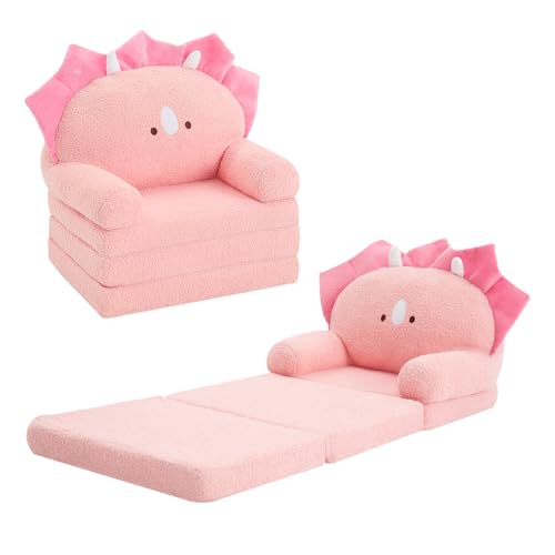Image of MOONBEEKI Comfy Toddler Chair, Kids Couch Fold Out to Lounger, Foldable Baby Sofa Plush for Girl and Boy Age 18 Months and Up （Pink Triceratops）
