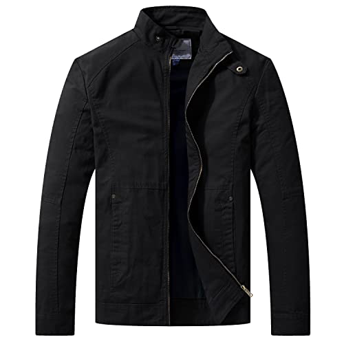 WenVen Homme Veste Coupe-Vent en Coton Veste Saharienne Veste d'Extérieur Manteau Casual Veste Militaire Classique Blouson Randonnée Automne Noir L