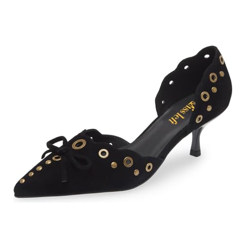 miss left Women Grommets Closed Pointy Toe D'Orsay Kitten Heels Slip On Pumps with Bows Sexy Dressy Shoes Size 4-16 US