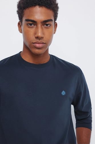 Springfield Camiseta Básica Melocotón Cuello Redondo L/S con Bordado De Árboles, Azul, L