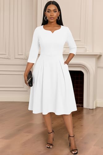 Image of Nmoder Fit-and-Flare Midi Dress V-Notch Neck Casual Dress Side Pockets | V-notch neckline;A-line swing silhouette; Soft breathable fabric; Perfect for church wedding guest work daily wear