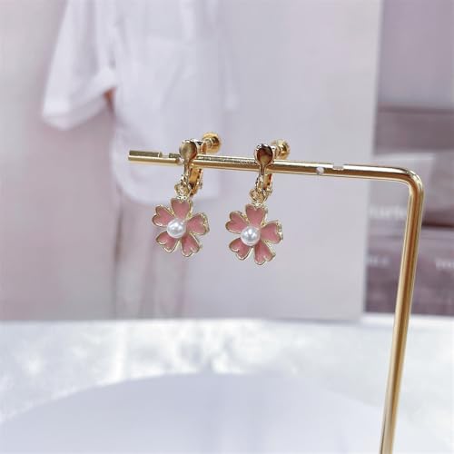 Aretes Colgantes Florales Rosados con Perla y Esmalte miniatura 2