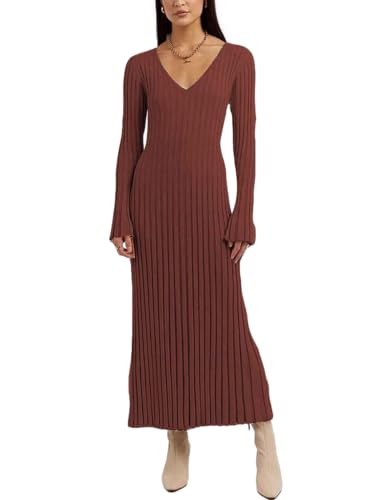 Image of Women's Long Knit Crewneck Sweater Dress Tie Waist A-Line Swing Pleated Bodycon