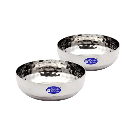 Image of Sharda Metals Hammered Stainless Steel Side Dish Plates Set of 2 for Rice, Snacks, Halwa, Poha, & Dessert, Small Breakfast Mathar Plate - 4.5 Inch Dia