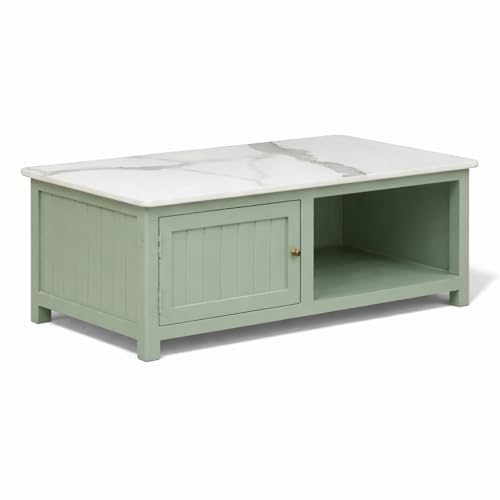 Image of Solid Wood Center Table| Premium Sintered Stone Coffee Table for Living Room | Wooden Centre Table | Finish- Premium Acrylic Sage Green