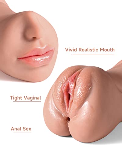 Image of 3 in 1 Pocket Pussy Male Masturbator, Adult Sex Toys with 3D Textured Vagina & Tight Anus & Drying Stick, Sex Doll Male Blowjob Stroker with Real Mouth Tongue for Man Masturbation Pleasure(Wheat)