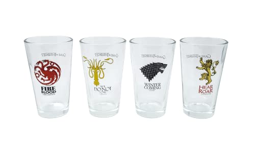 Game of Thrones Collectible Pint Glass Set – Stark, Targaryen, Lannister, Greyjoy – Premium Quality – 16 oz. Capacity – Perfect for Beer