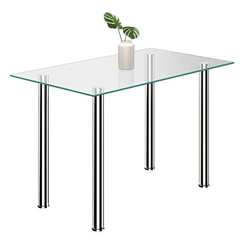 JEFFORDOUTLET Modern Glass Dining Rectangle Table with Chromed Legs,Kitchen Dining Room Furniture
