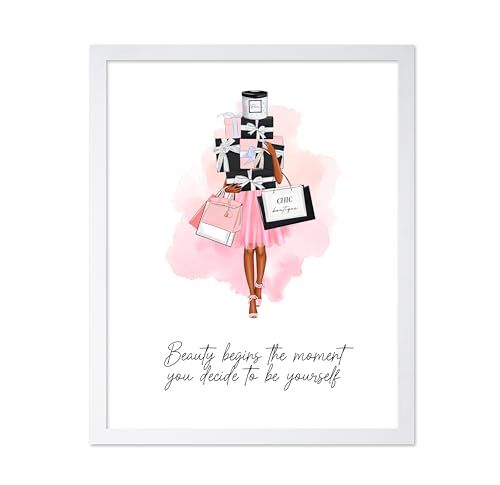 Image of Poster Master Lady with Shopping Bags Poster - Fashion Print - Trendy Art - Modern Art - Gift for Women & Fashionista - Luxury Haute Couture Decor for Bedroom or Girl's Room, 8x10 White Framed