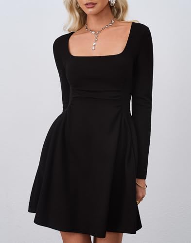 HYPERFIRE Women's Fall Square Neck Long Sleeve Corset Dress Ruched Waist Short Dresses with Pockets4