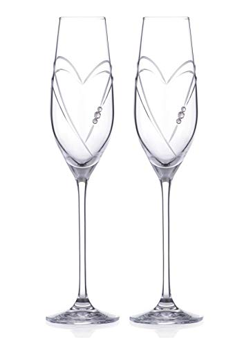 DIAMANTE Swarovski Champagne Flutes Prosecco Glasses Pair 'Hearts' Design with Swarovski Crystals