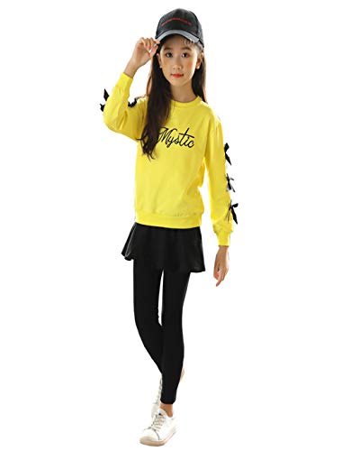 Image of Cute Little Girls Cartoon Printed Long Sleeve Top & Pant (7-8Years, Pantskirt Yellow)