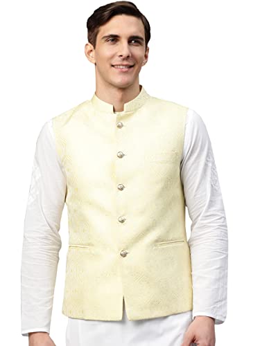 Image of MANQ Men Fawn Woven Jaquard Silk Nehru Jacket