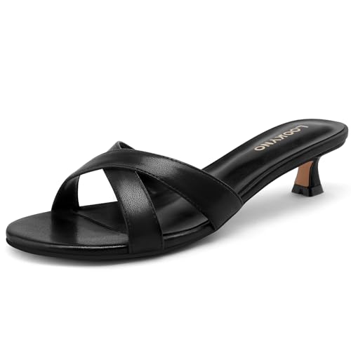 Womens Kitten Heels Low Heeled Sandals for Women Round Slip On Slides Cross Strap Open Toe Sandals