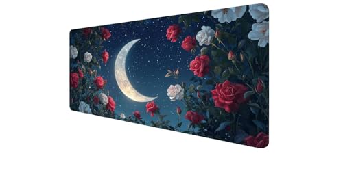 Grand tapis de souris XXL 100x50 cm Lune et Fleurs finitions bords cousus haut de gamme