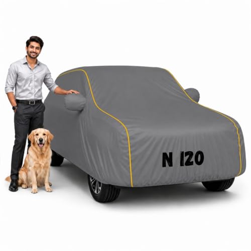 Image of Waterproof Car Cover for N i20 | Soft Cotton Lining Heavy Duty Triple Stitched Heat Resistant Outdoor Cover Comes with Mirror and Antenna Pocket Full Bottom Elastic (Zig Zag Grey)