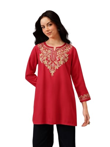 Image of QAZMI Women's Naila Kashmiri Aari Embroidered Viscose Rayon Full Sleeves A-Line Short Kurti