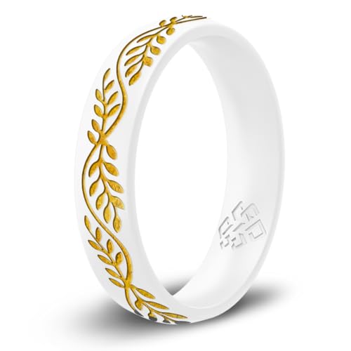 Knot Theory Filigree and Laurel Leaf Silicone Ring Gold Inlay Engraved Silicone Wedding Band, for Sports Activities, Breathable Comfort Fit