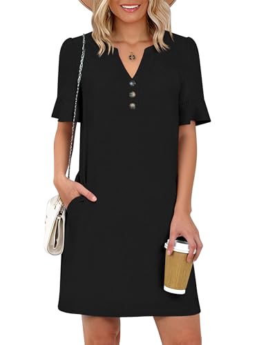 Image of Prinbara Womens Summer Casual Dresses Ruffle Short Sleeve V Neck Button 2026 Spirng Vacation Beach Loose Boho Shift Dress