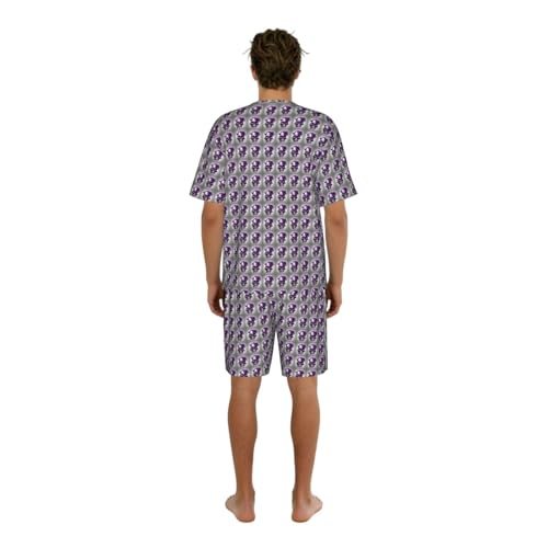 Pyjama 2 pièces homme violet avec motif rose et crâne à manches courtes