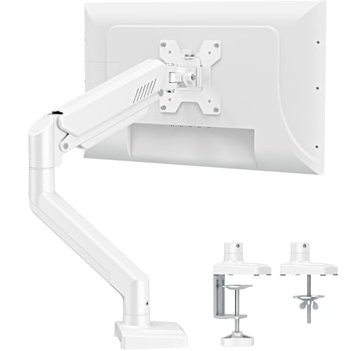 ELIVED Single Monitor Arm for Most 13-32 Inch Monitors with VESA 75x75/100x100mm up to 9KG 360 Rotation Gas Spring Arm with C-Clamp and Grommet Base Monitor Stand Mount White
