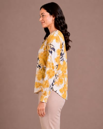 Image of Mirana Women's Full Sleeve Solid Top | Round Neck Pleated Front Regular Fit Office Casual Blouse with Button Cuffs