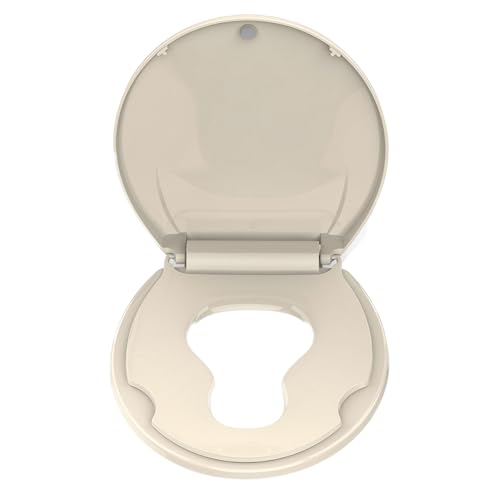 Round Toilet Seat with Built-in Toddler Seat for Easy Potty Training – Slow Close Feature,Easy Install and Clean, Perfect for Both Adults and Children,Almond