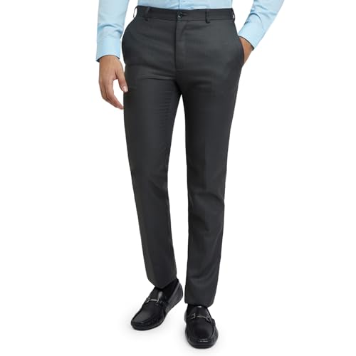 Image of Raymond Men's Slim Fit Mid Rise Structure Pattern Poly Viscose Blend Flat Front Formal Trouser