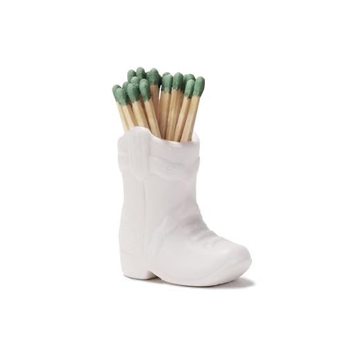 Cowboy Boot Match Holder With Striker for decorative matchsticks - Ceramic Cowgirl Boot Decor Aesthetic Small Cute Matchstick Box Western Decorative Mini Matchesboxes For Bathroom Fireplace (White)