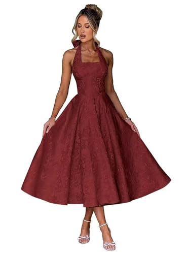 Floral Prom Dresses 2025 Satin Jacquard Halter Square Neck Tea Length Midi Formal Evening Gowns with Bow Pockets