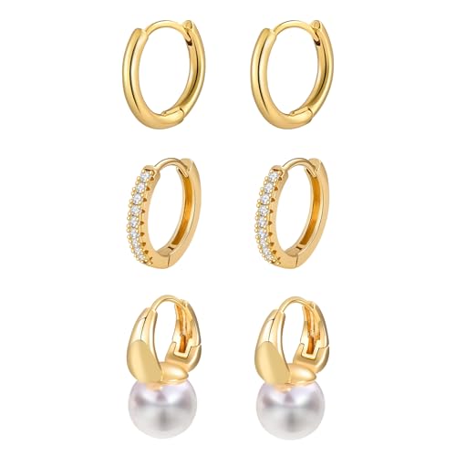 JUANKIKI 3 Pairs 14K Gold Hoop Earrings Pearl Chunky Huggie Earring for Women Stackable Jewelry Set Hypoallergenic and colorfast Suitable for all women to Wear - image 6