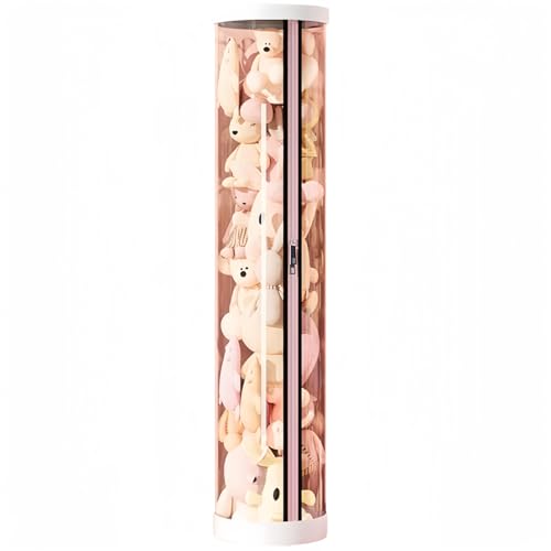 KazeSoぬいぐるみ収納 透明円柱 蓋付き ファスナー ぬいぐるみ収納ケース ファスナー おもちゃ収納 棚 収納チューブ 収納桶 クリア かわいい ディスプレイケース 陳列 収納箱 防塵 撥水 DIY 展示ボックス リビング 部屋-ピンクぬいぐるみ収納バ