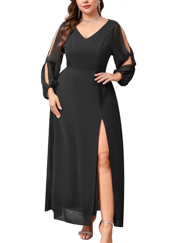 ZOMVA Plus Size Chiffon Maxi Dress V-Neck A-line Long Sleeve Front High Slit Formal Dress Mother of Bride Wedding Guest
