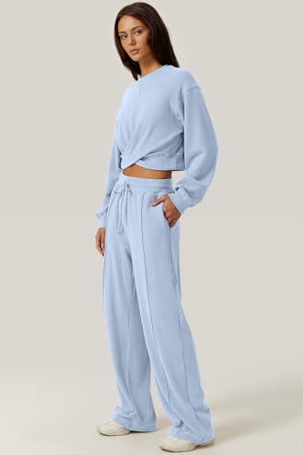 QINSEN Women 2 Piece Outfits Sweatsuit Set Twist Front Cropped Sweatshirt Wide Leg Sweatpant Lounge Set Tracksuit4